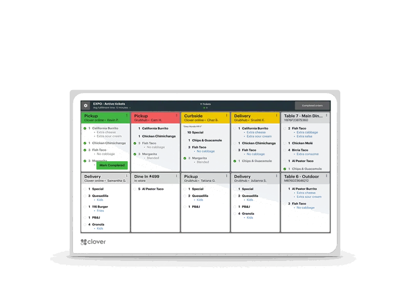 Clover Kitchen Display showing open orders in columns by ticket