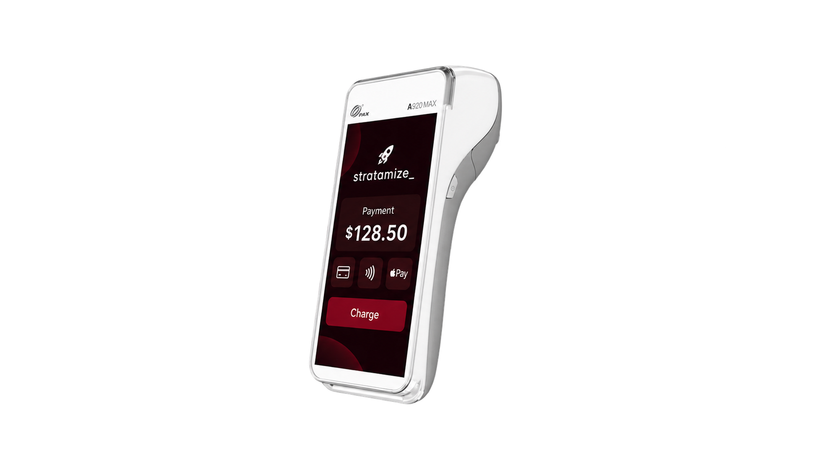 PAX A920 Max with a dark crimson Stratamize payment interface