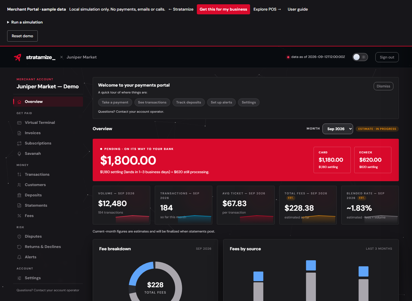 Merchant Portal Overview with sample activity