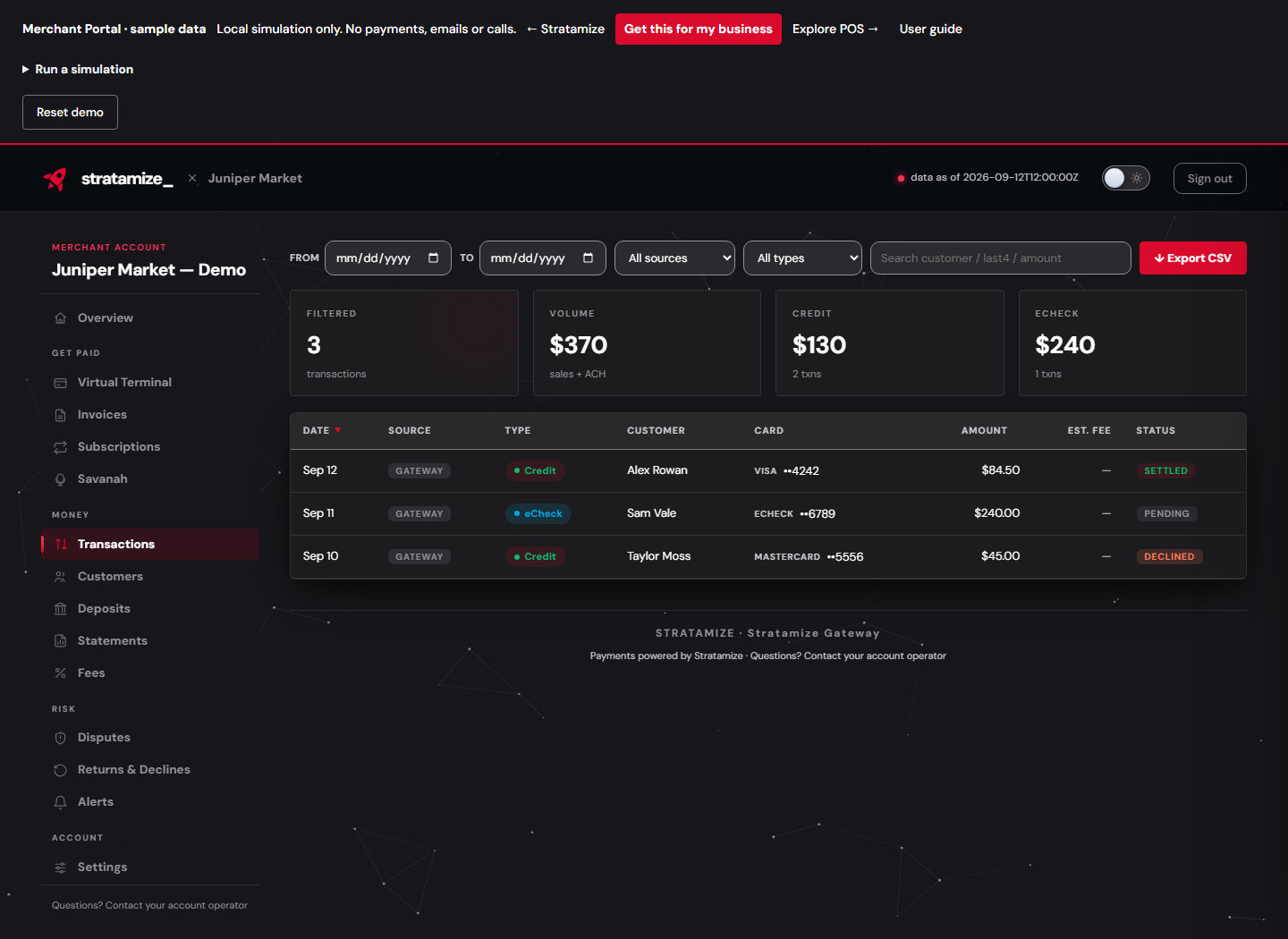 Sample transactions in the Merchant Portal