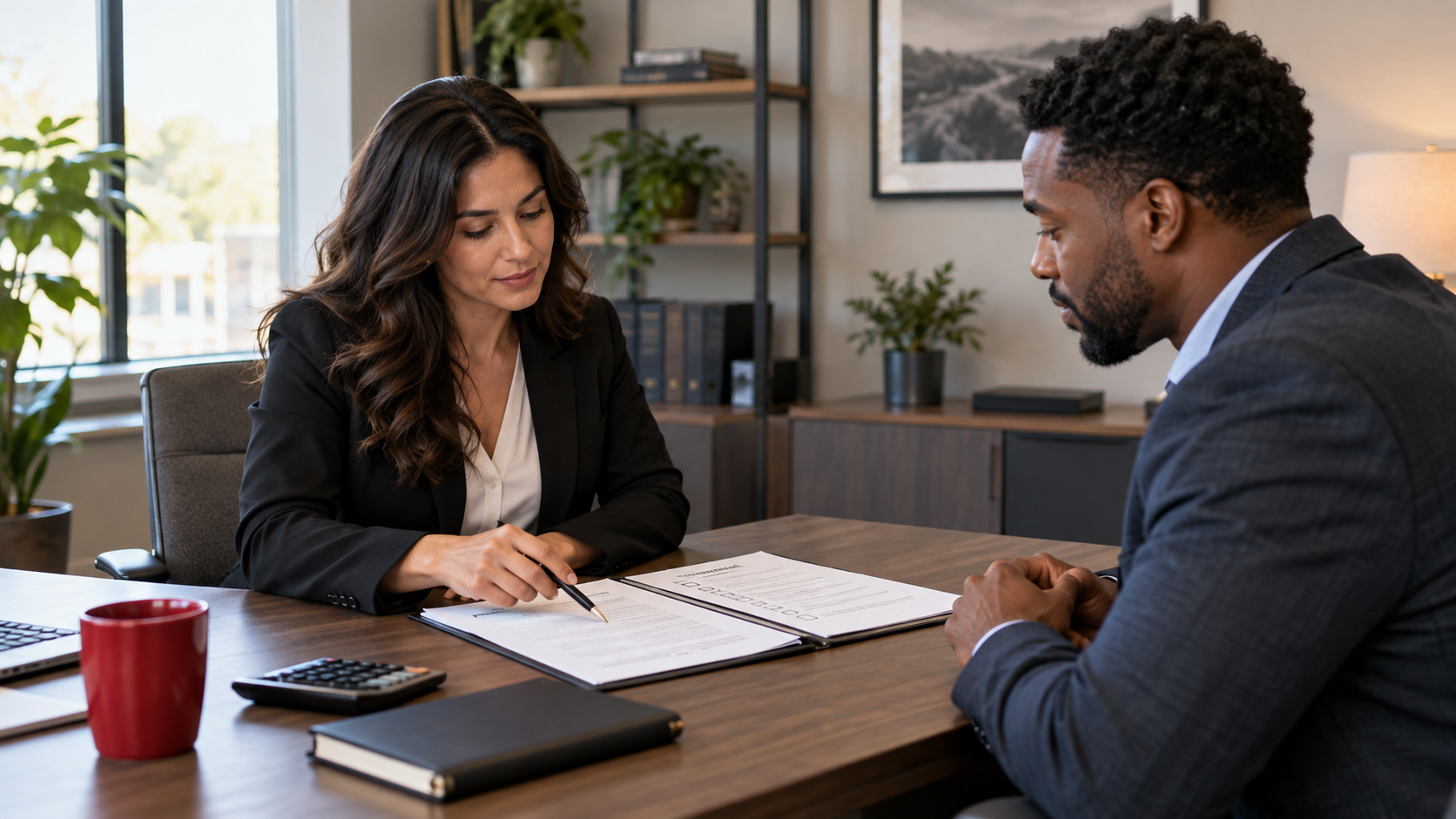 Editorial illustration of a fictional credit services business owner reviewing contracts and billing procedures without visible personal data.