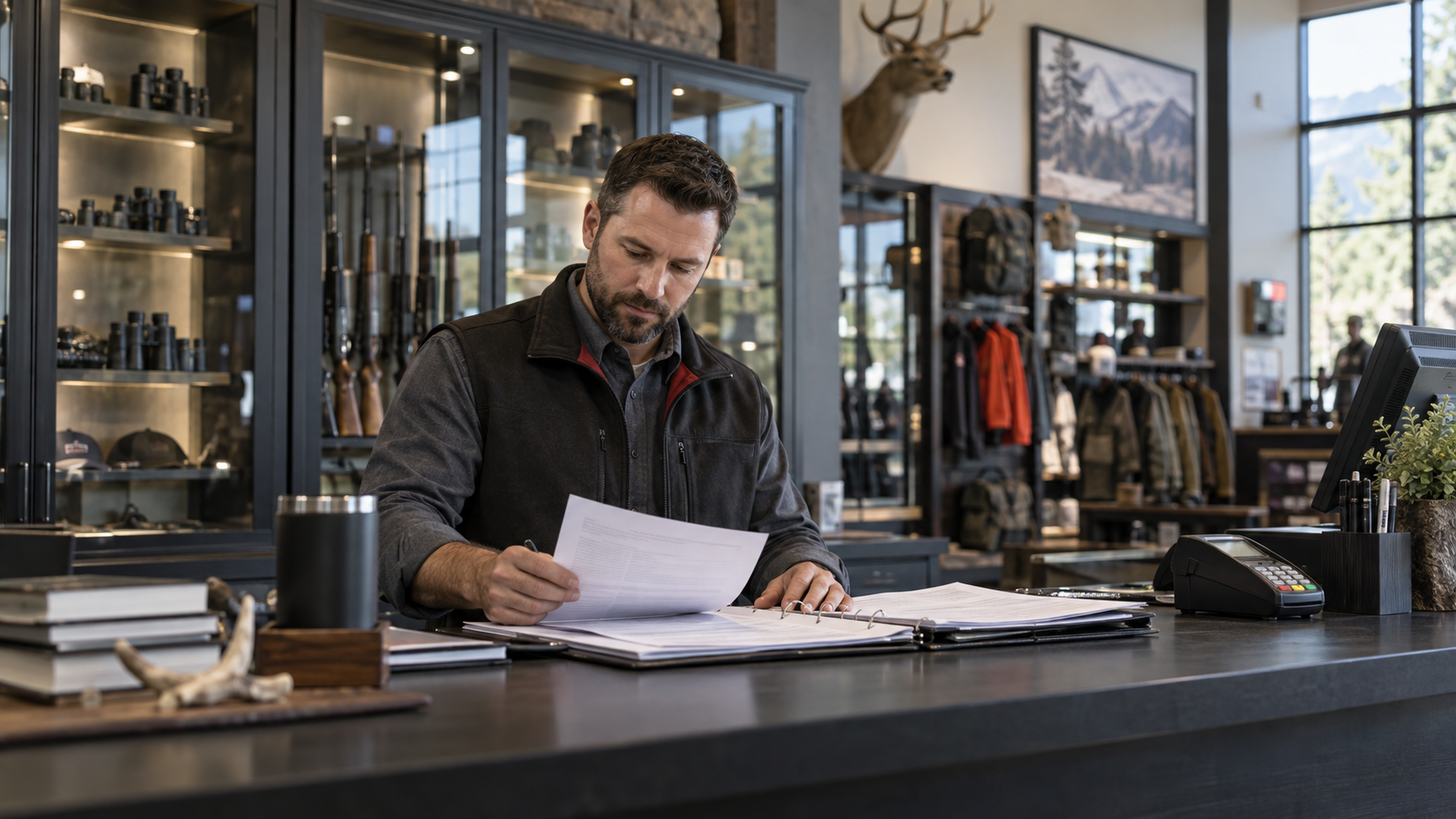 AI-generated editorial illustration of an adult sporting goods dealer reviewing fictional order records at a secure retail counter.