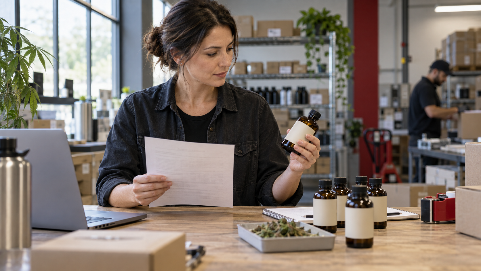 AI-generated editorial illustration of an adult hemp business operator comparing fictional product labels and laboratory documents beside a laptop.