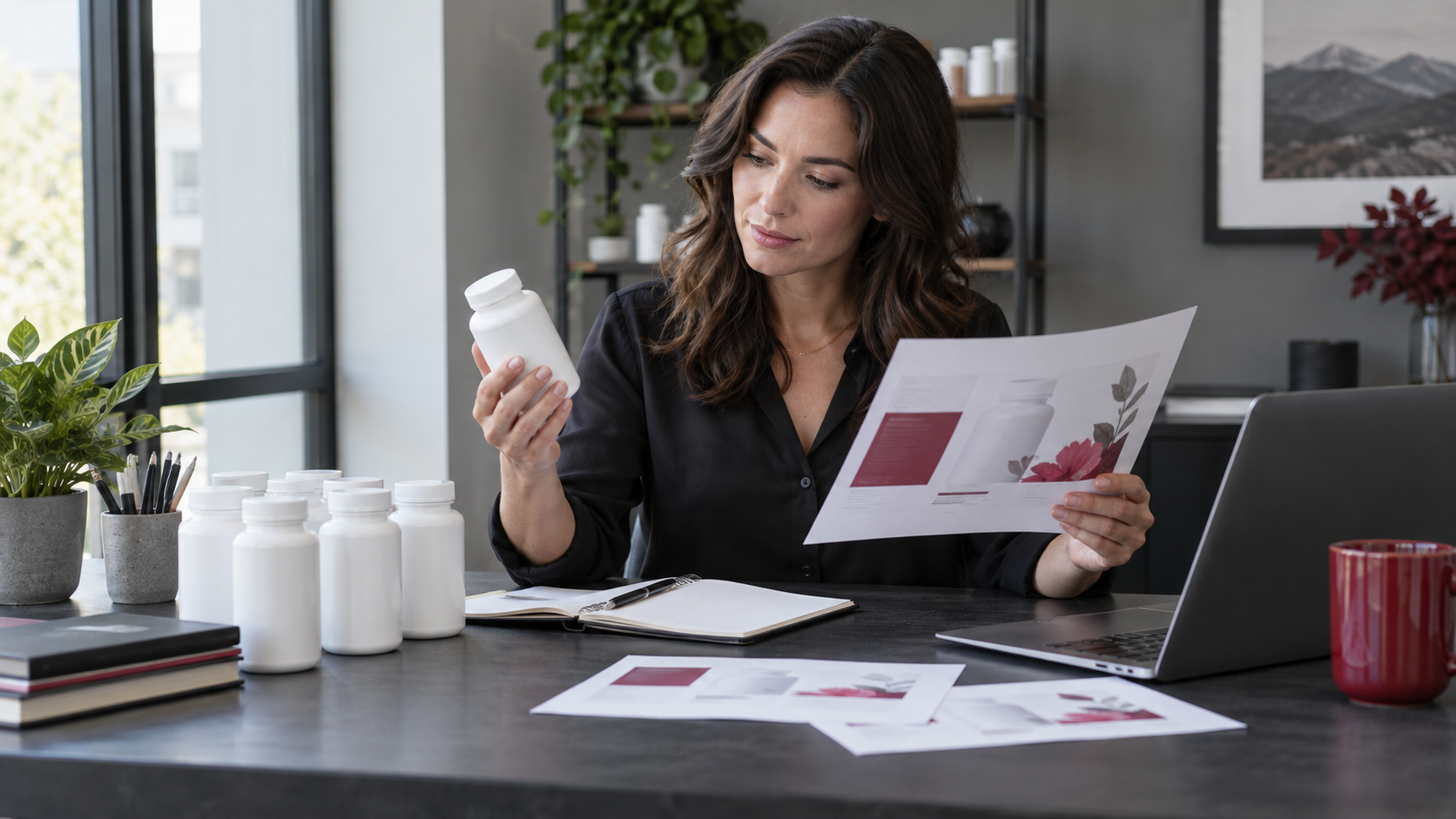 Fictional supplement business owner reviewing unbranded product labels and order records at a clean packing desk.