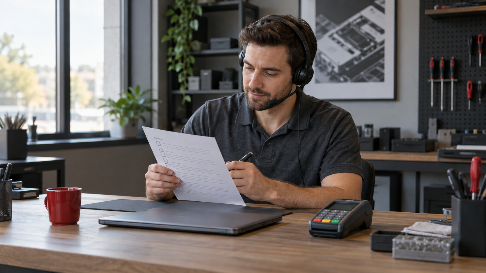 Editorial illustration of a fictional technical support professional reviewing a customer service ticket at a workstation.