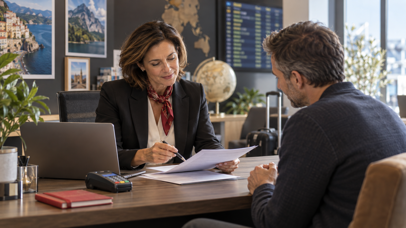 Editorial illustration of a fictional travel agency owner reviewing an itinerary and refund workflow at a desk.