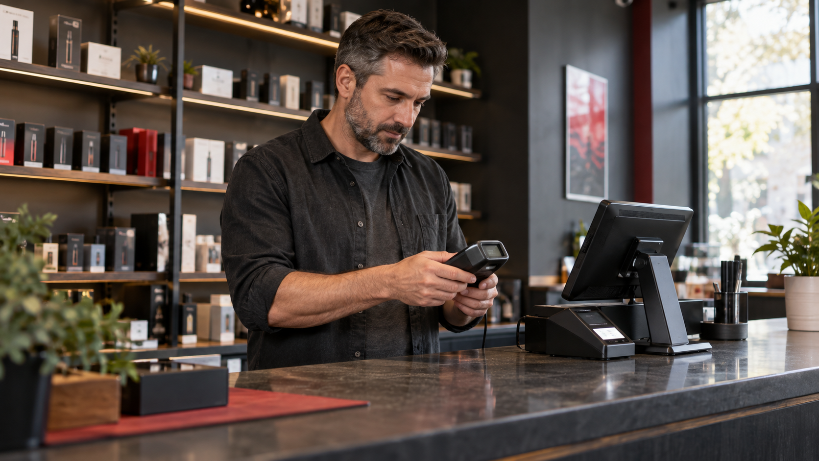 AI-generated editorial illustration of an adult smoke shop owner reviewing a checkout terminal and inventory records in a fictional store.