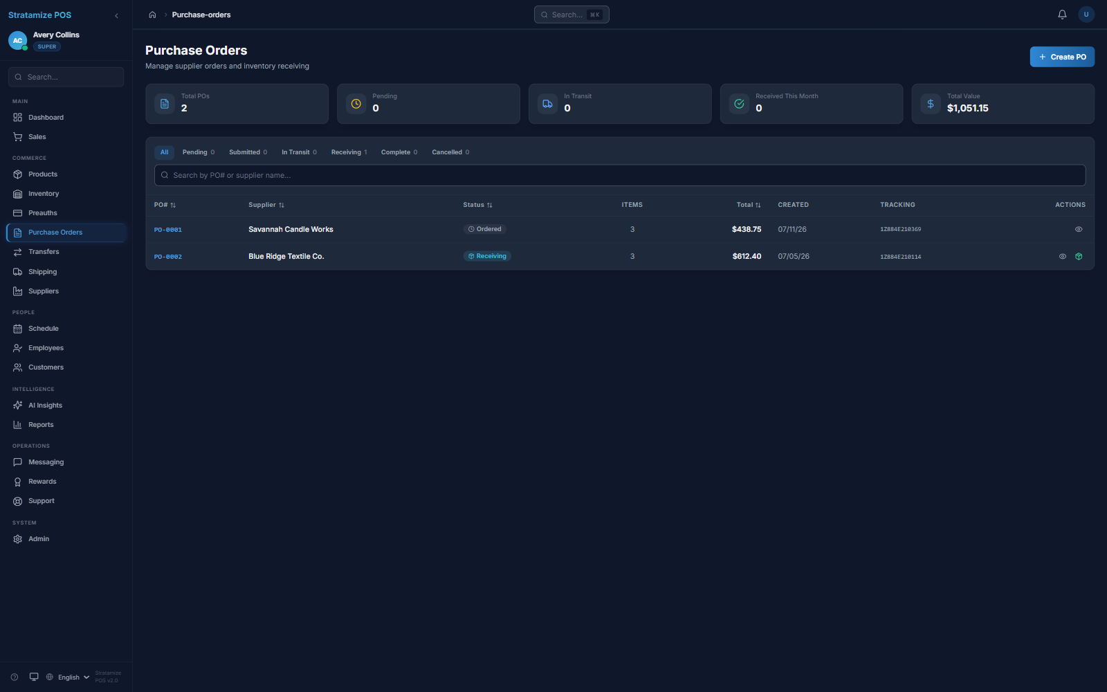 Stratamize purchase-order screen with suppliers, order status, tracking references, and values